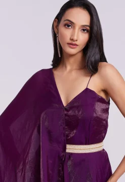 Embellished Trim Organza Gown with attached Dupatta in Wine
