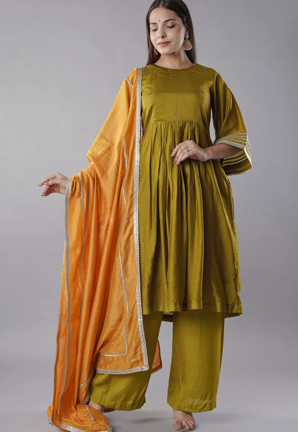 Embellished Trims Chanderi Cotton Pakistani Suit in Green