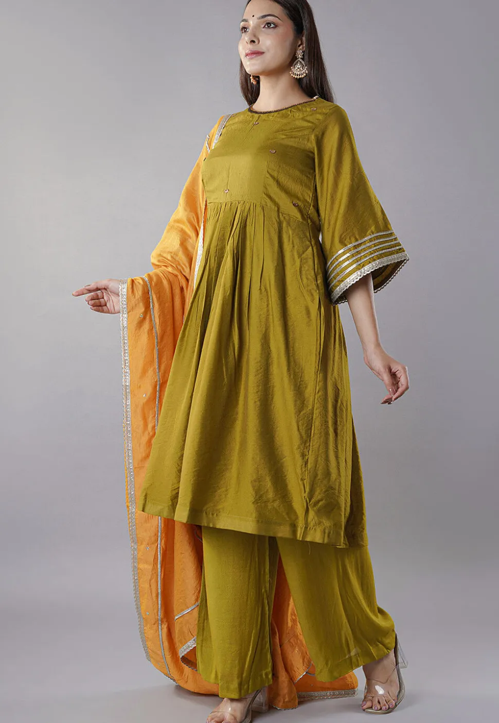 Embellished Trims Chanderi Cotton Pakistani Suit in Green