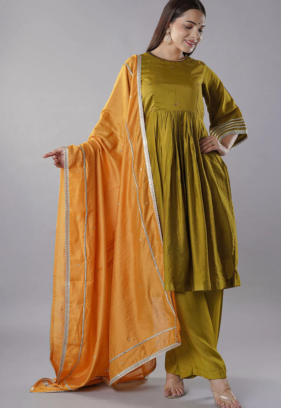 Embellished Trims Chanderi Cotton Pakistani Suit in Green