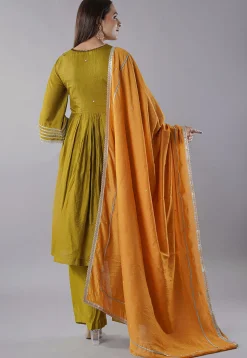 Embellished Trims Chanderi Cotton Pakistani Suit in Green
