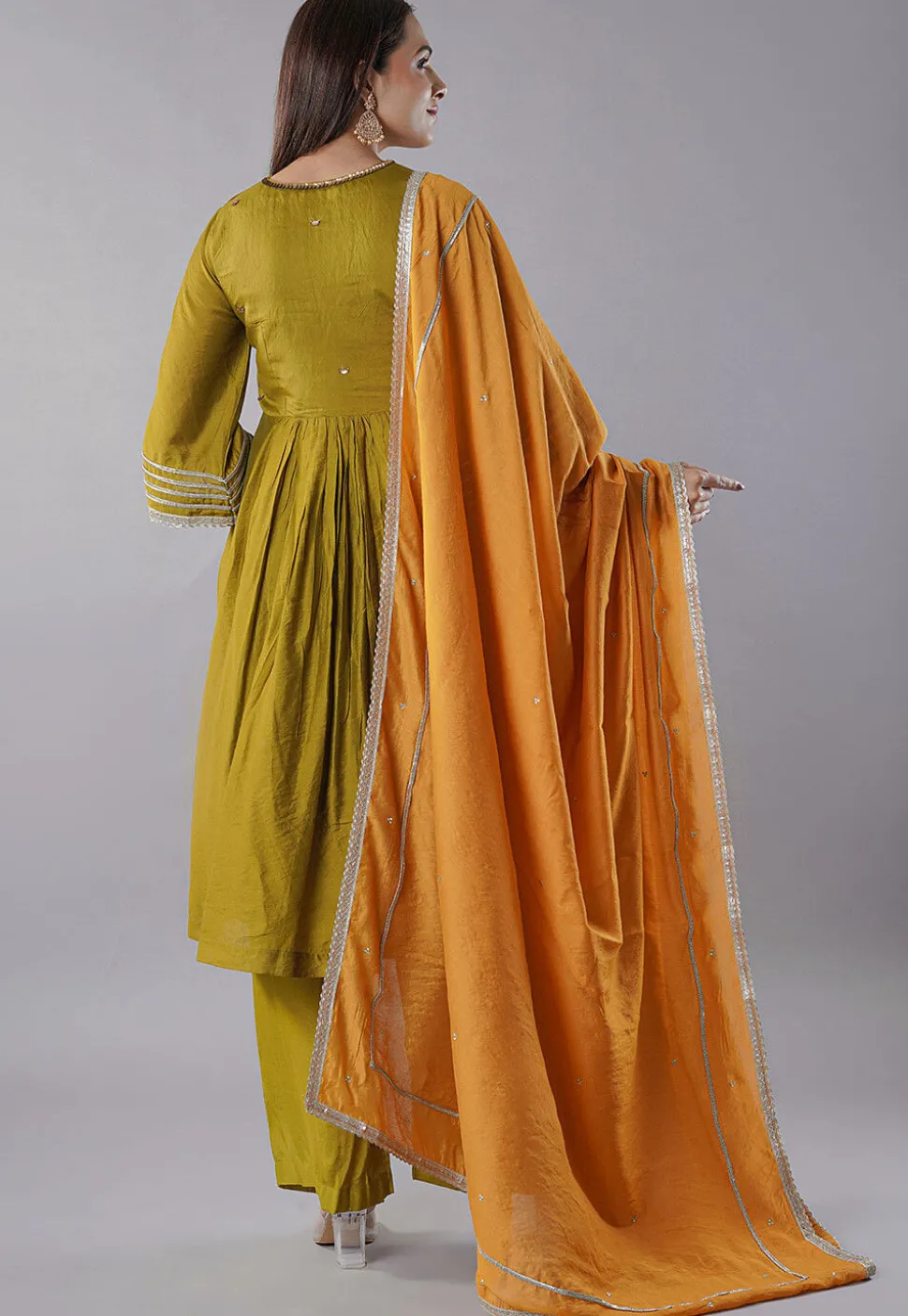 Embellished Trims Chanderi Cotton Pakistani Suit in Green