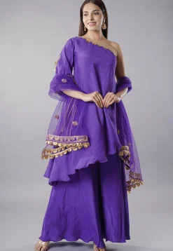 Embellished Trims Muslin Silk Pakistani  Suit in Purple