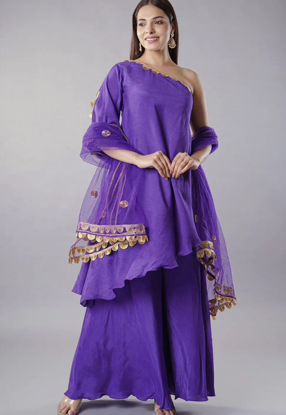 Embellished Trims Muslin Silk Pakistani Suit in Purple