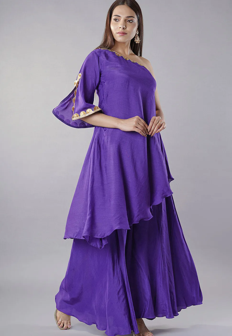 Embellished Trims Muslin Silk Pakistani Suit in Purple