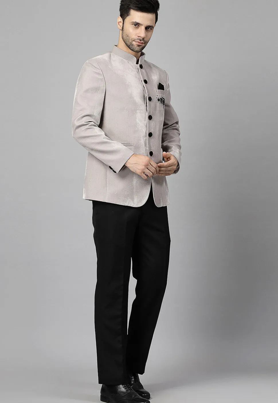 Embellished Velvet Blazer Set in Light Grey