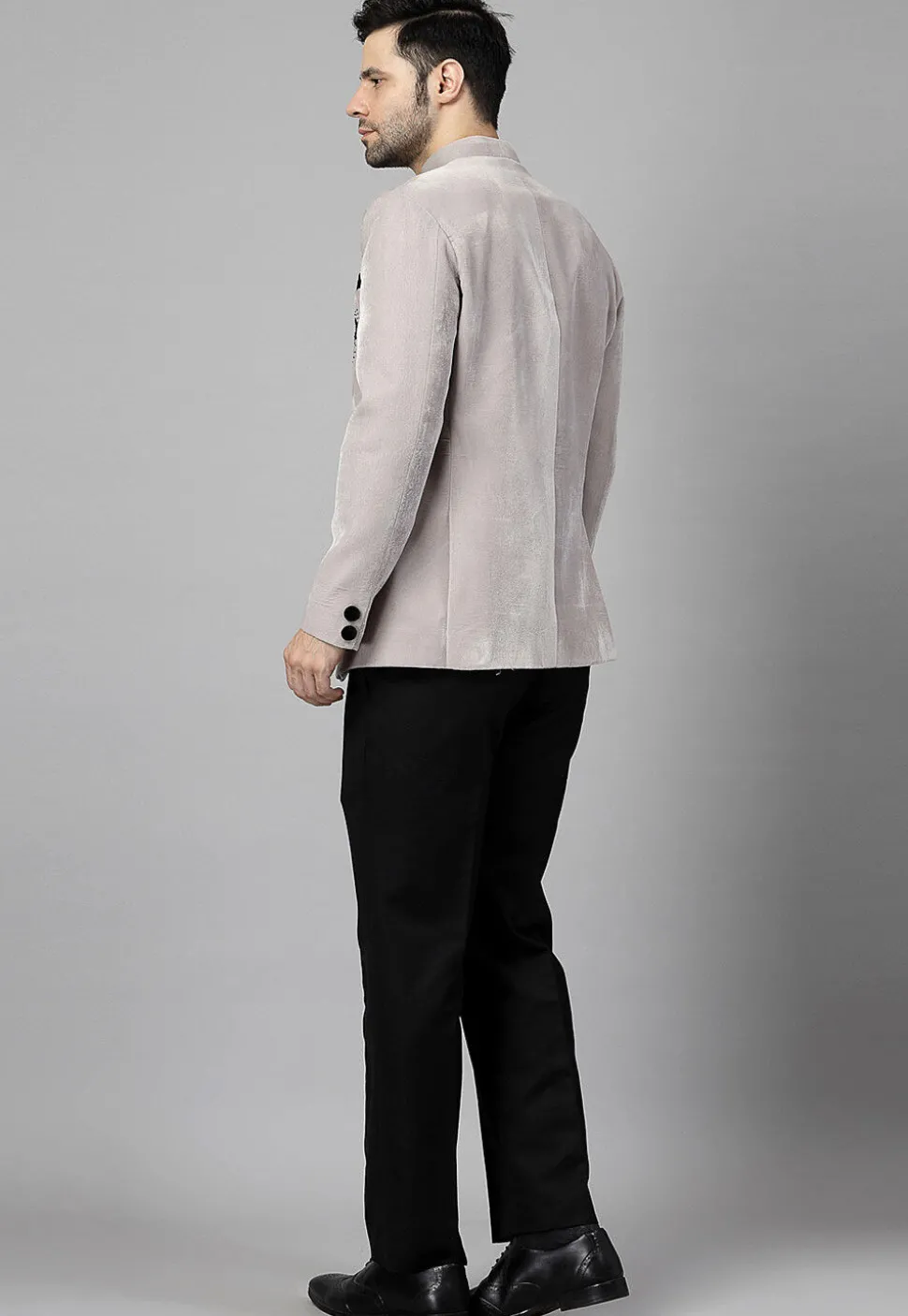 Embellished Velvet Blazer Set in Light Grey