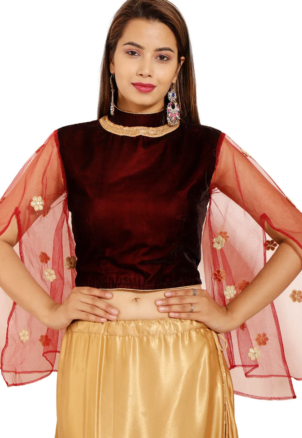 Embellished Velvet Blouse in Maroon