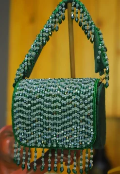 Embellished Velvet Clutch Bag in Green
