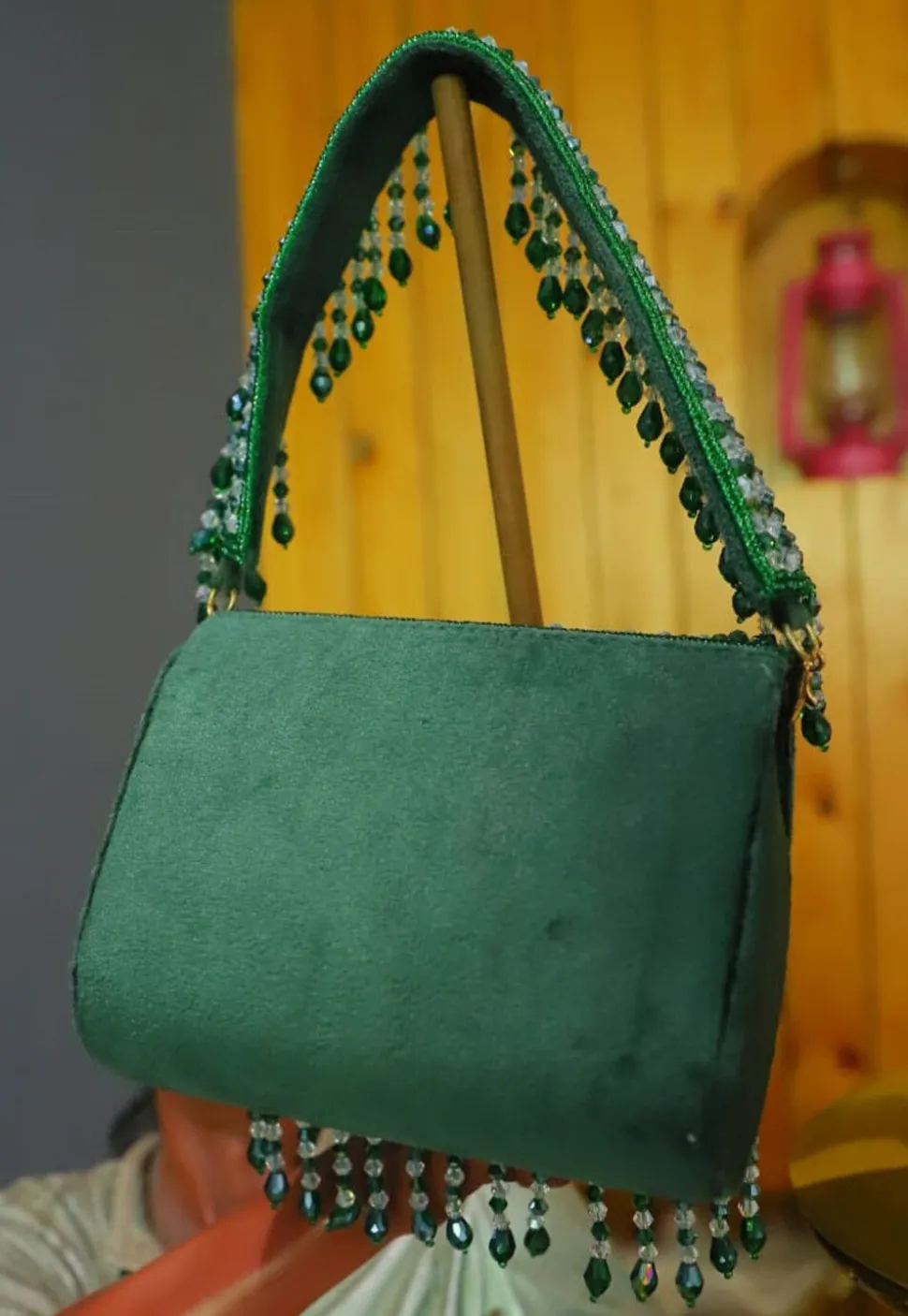 Embellished Velvet Clutch Bag in Green