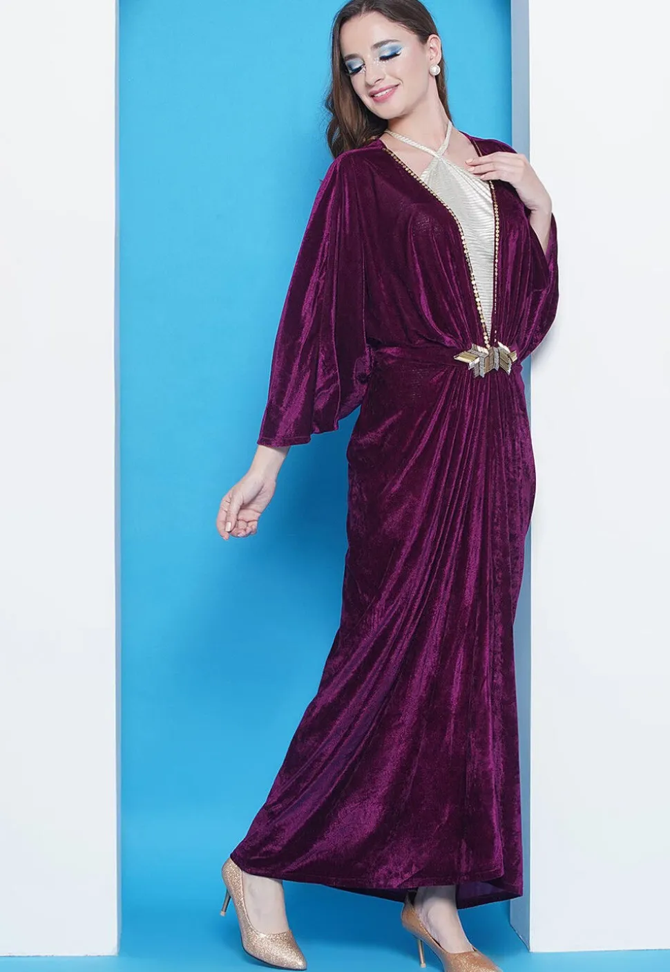 Embellished Velvet Gown in Wine