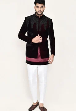 Embellished Velvet Jodhpuri Suit in Maroon