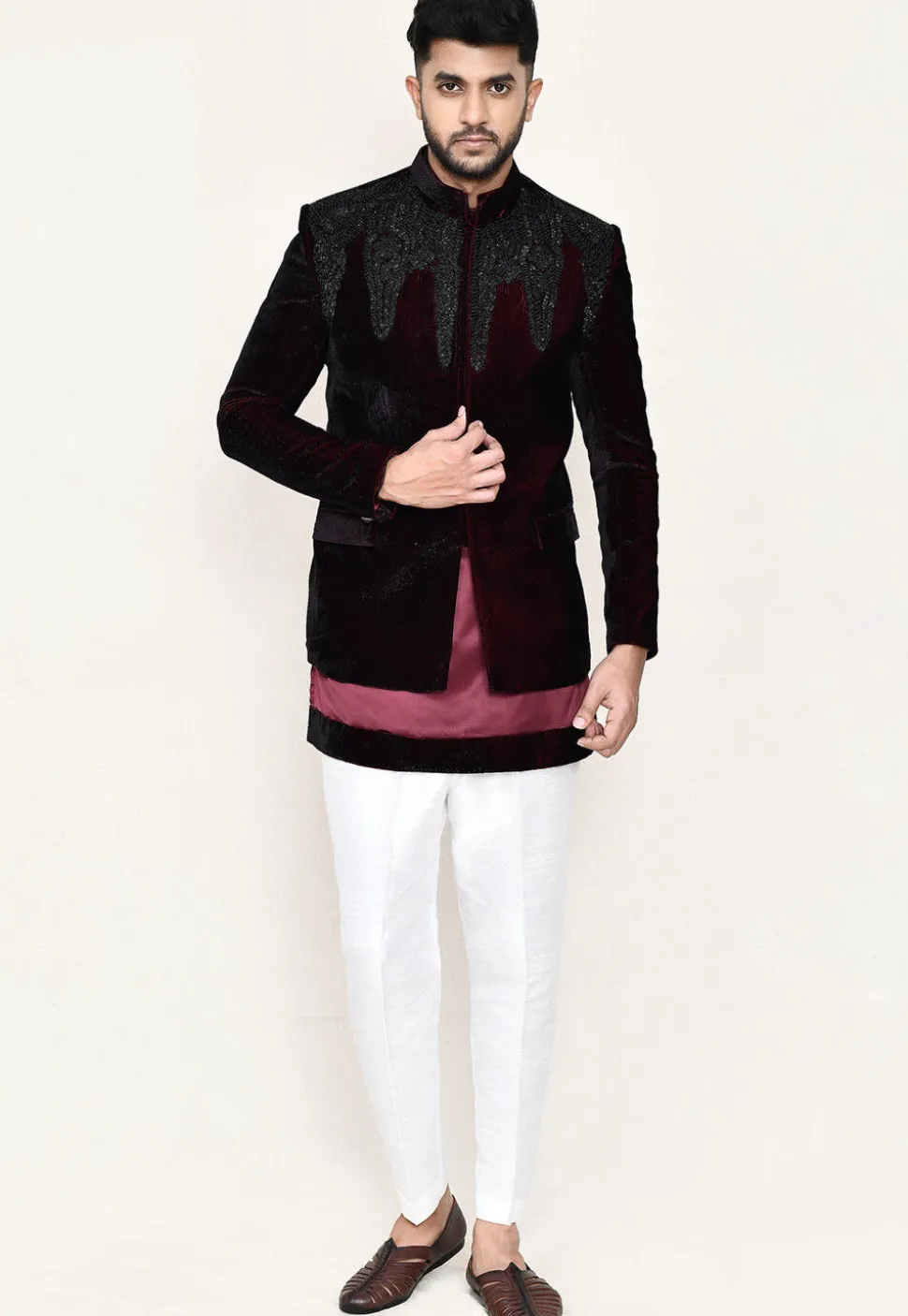 Embellished Velvet Jodhpuri Suit in Maroon