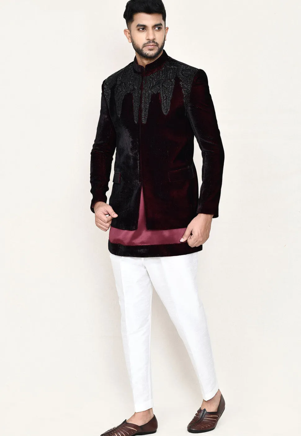 Embellished Velvet Jodhpuri Suit in Maroon