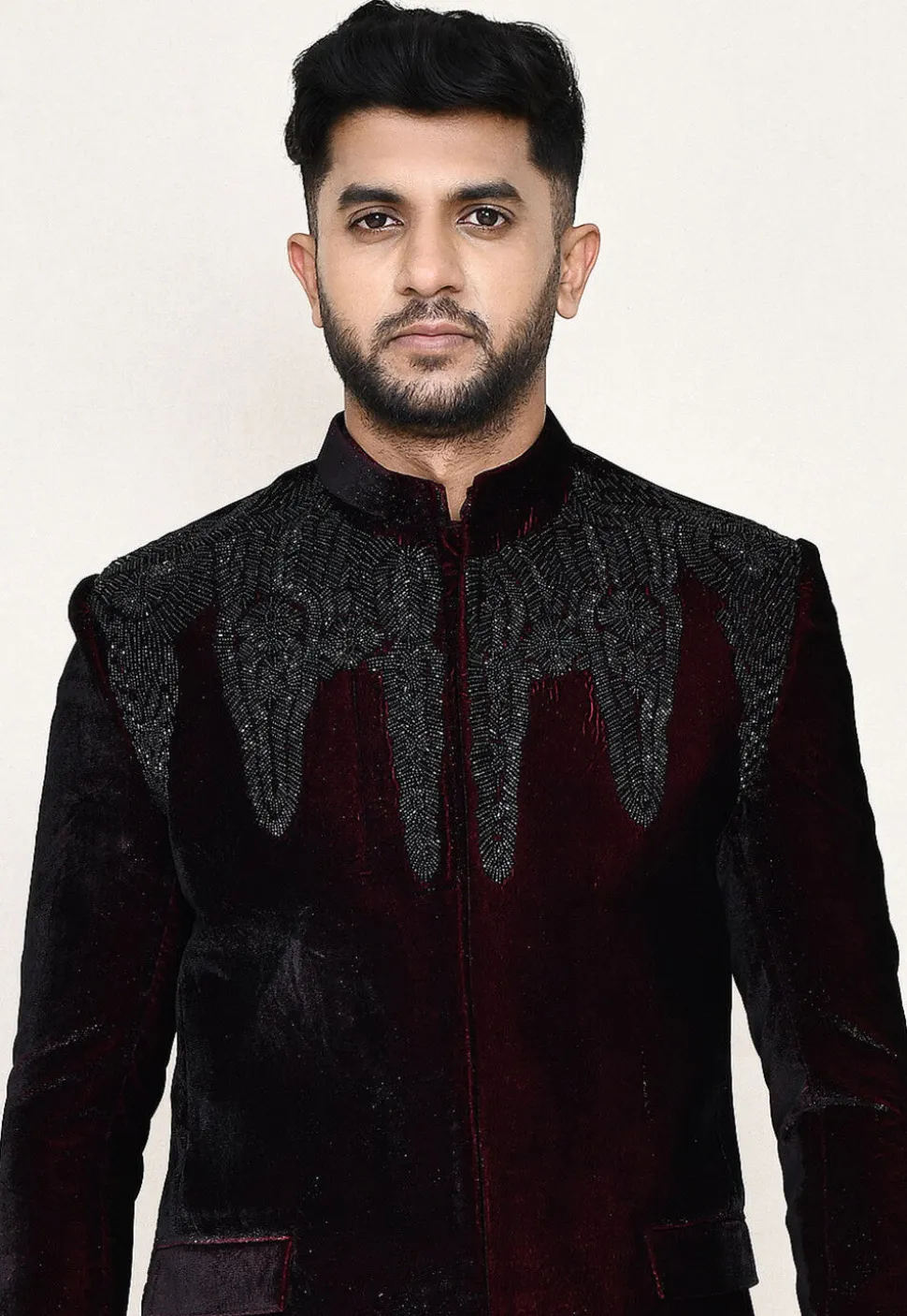 Embellished Velvet Jodhpuri Suit in Maroon