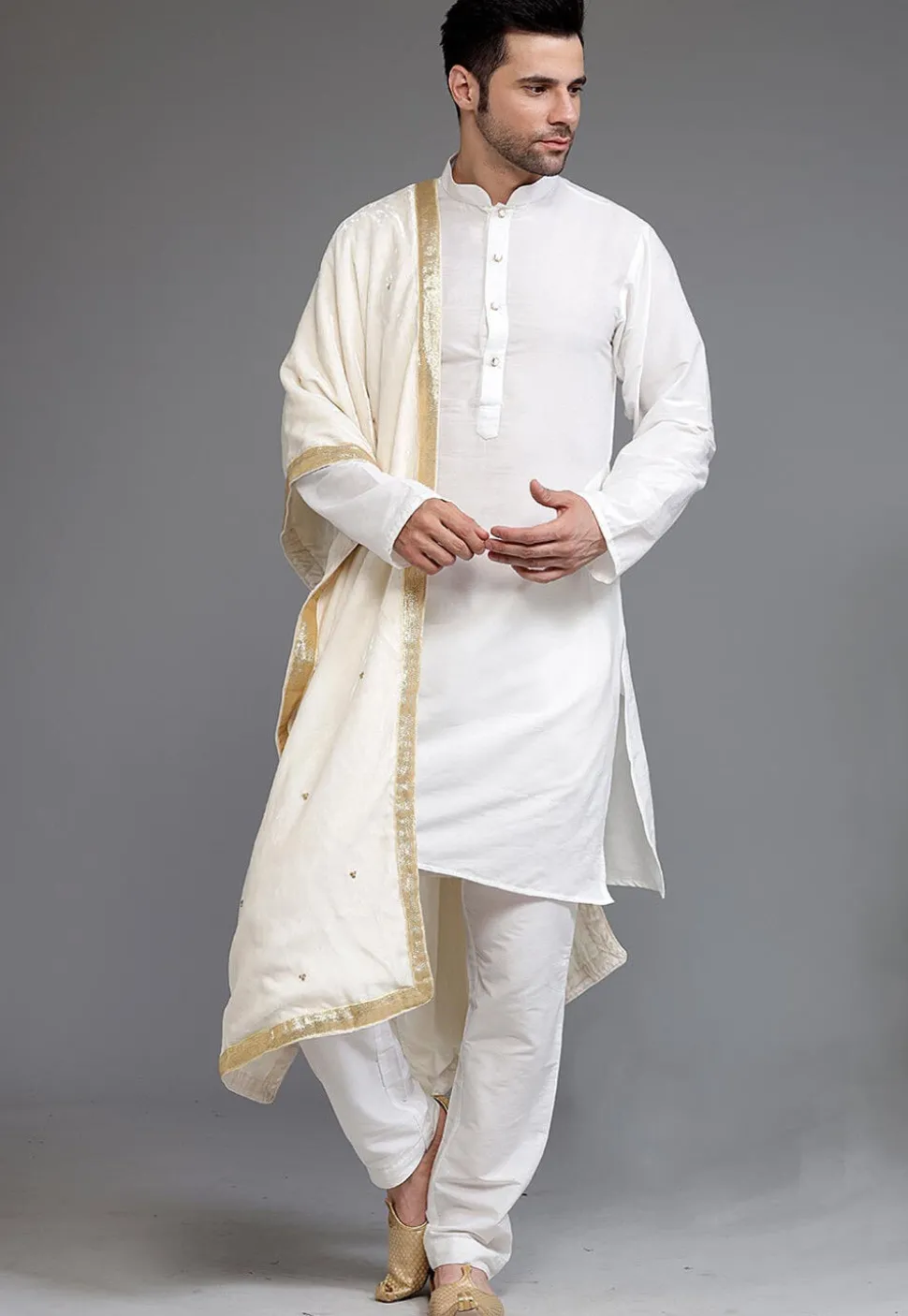 Embellished Velvet Mens Dupatta in Cream