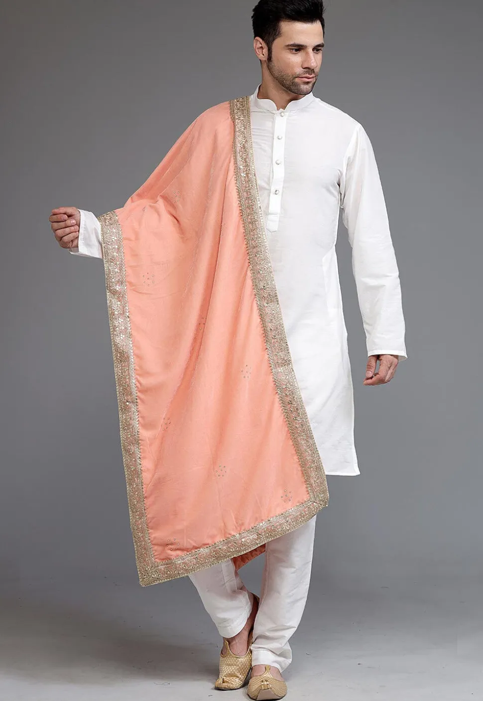 Embellished Velvet Mens Dupatta in Peach