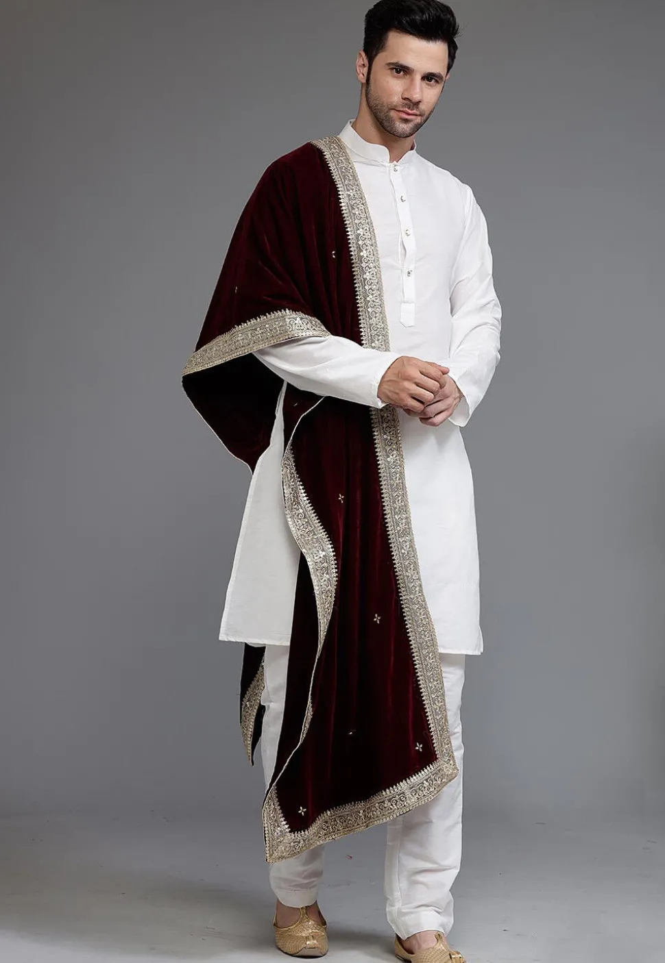 Embellished Velvet Mens Dupatta in Wine