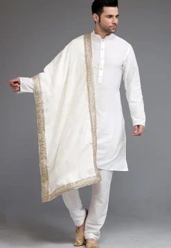 Embellished Velvet Mens Dupatta in Cream