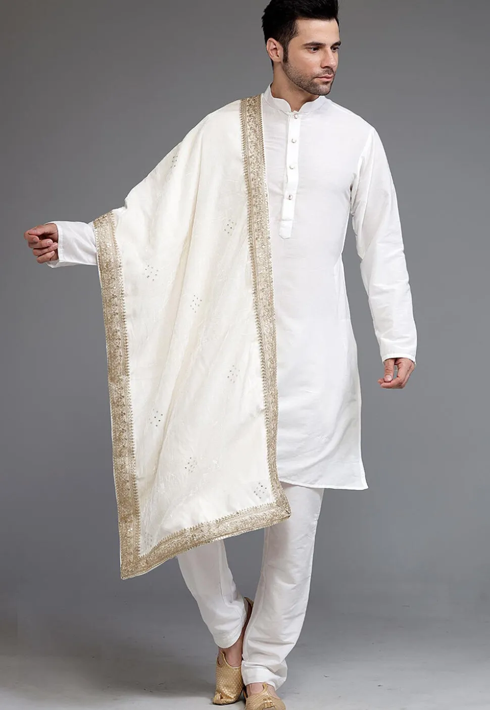 Embellished Velvet Mens Dupatta in Cream