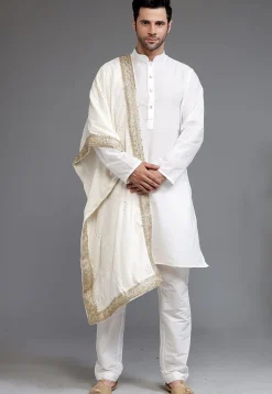 Embellished Velvet Mens Dupatta in Cream