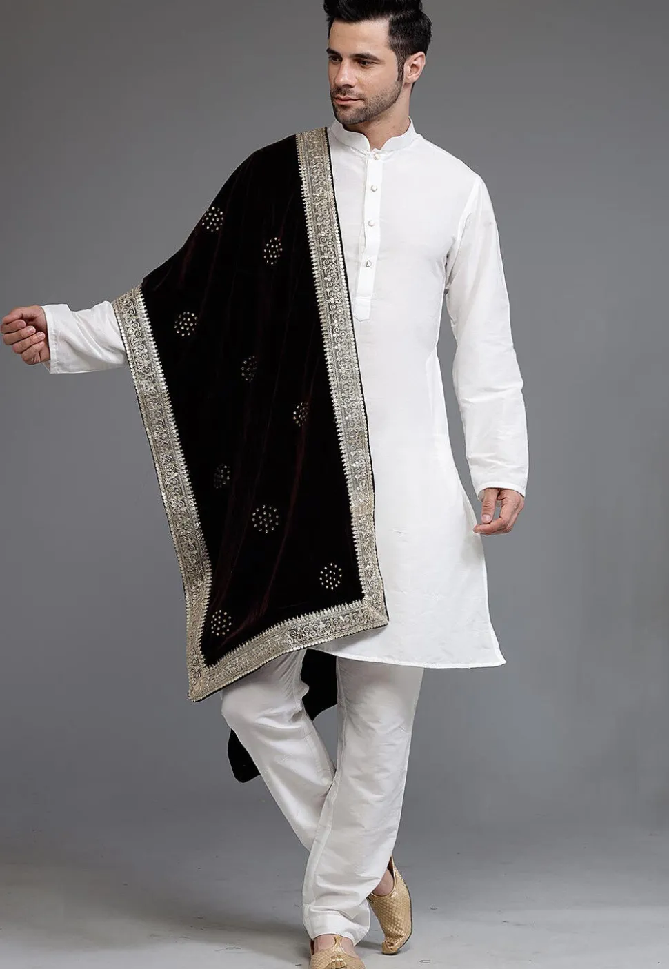 Embellished Velvet Mens Dupatta in Brown