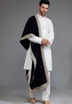 Embellished Velvet Mens Dupatta in Navy Blue