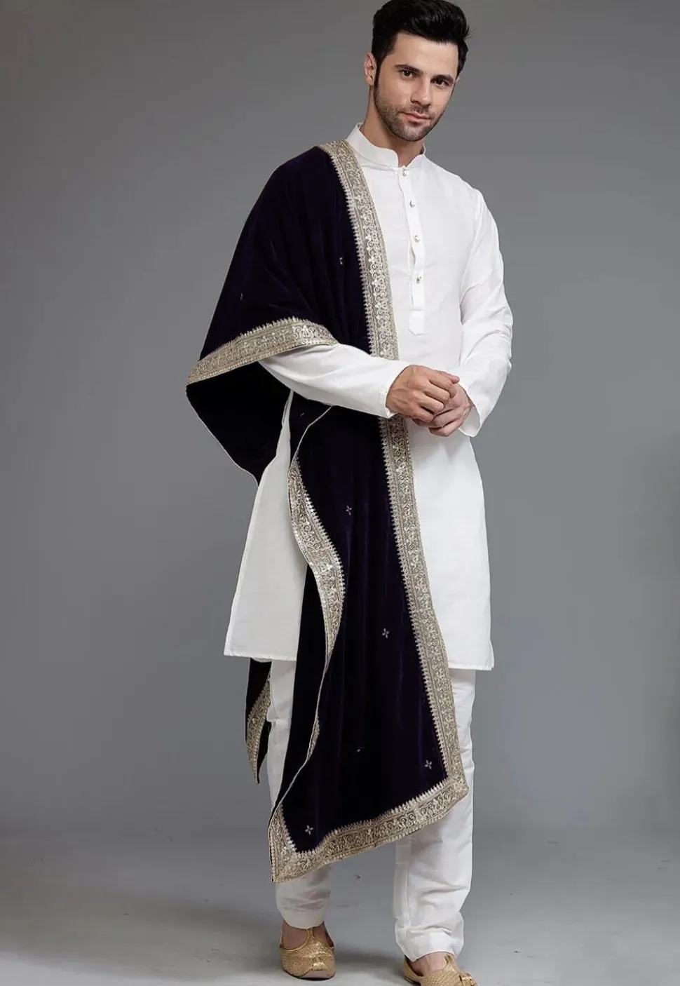 Embellished Velvet Mens Dupatta in Navy Blue