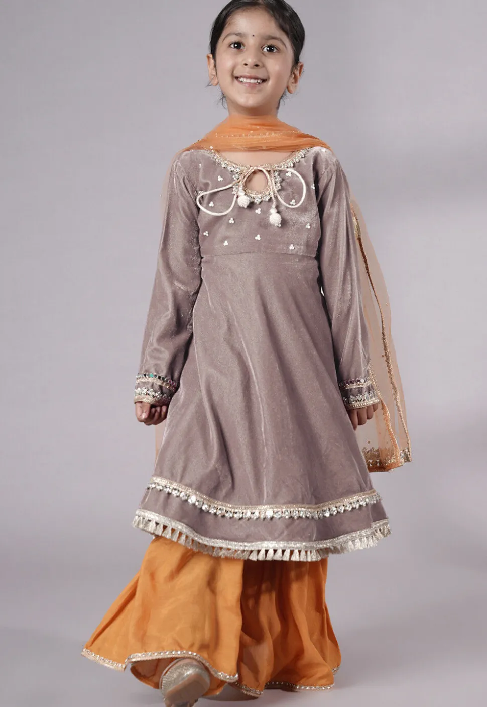 Embellished Velvet Pakistani Suit in Light Grey