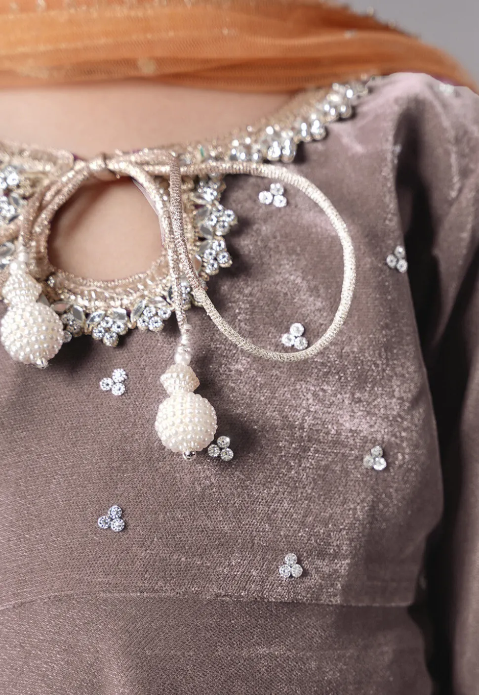 Embellished Velvet Pakistani Suit in Light Grey