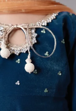 Embellished Velvet Pakistani Suit in Teal Blue