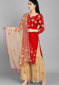 Embellished Velvet Pakistani Suit in Red