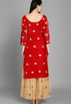 Embellished Velvet Pakistani Suit in Red