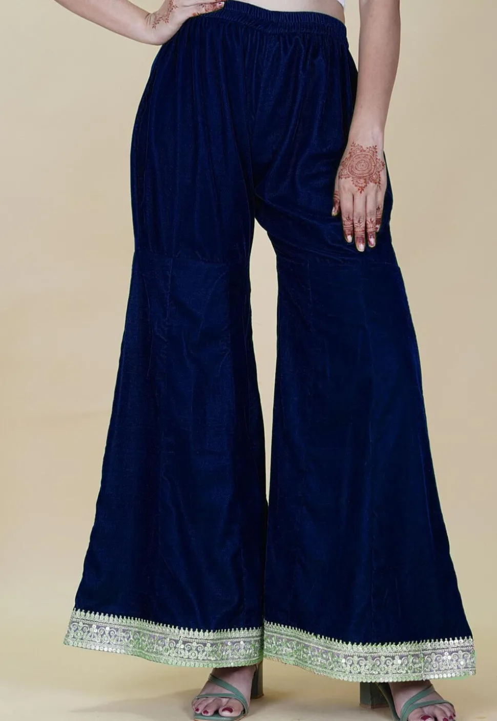 Embellished Velvet Palazzo in Dark Blue