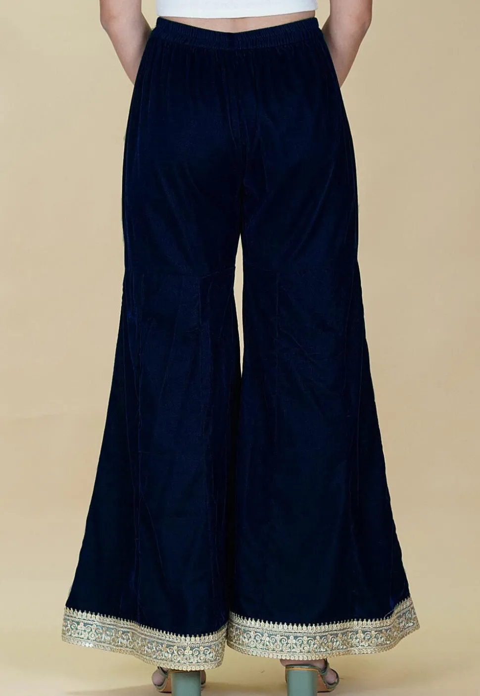 Embellished Velvet Palazzo in Dark Blue
