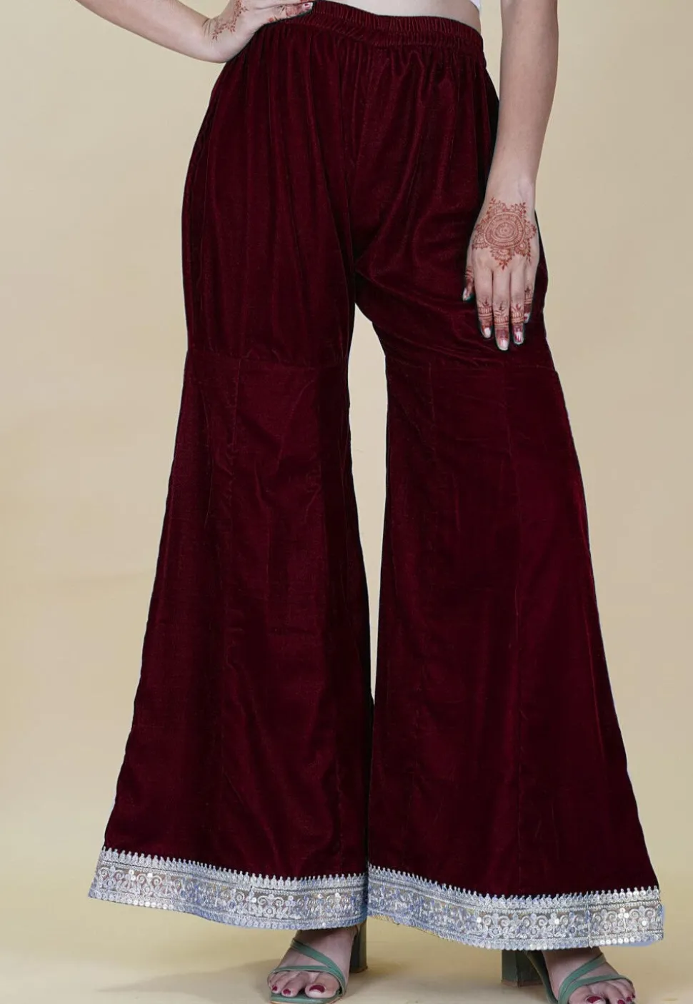 Embellished Velvet Palazzo in Maroon