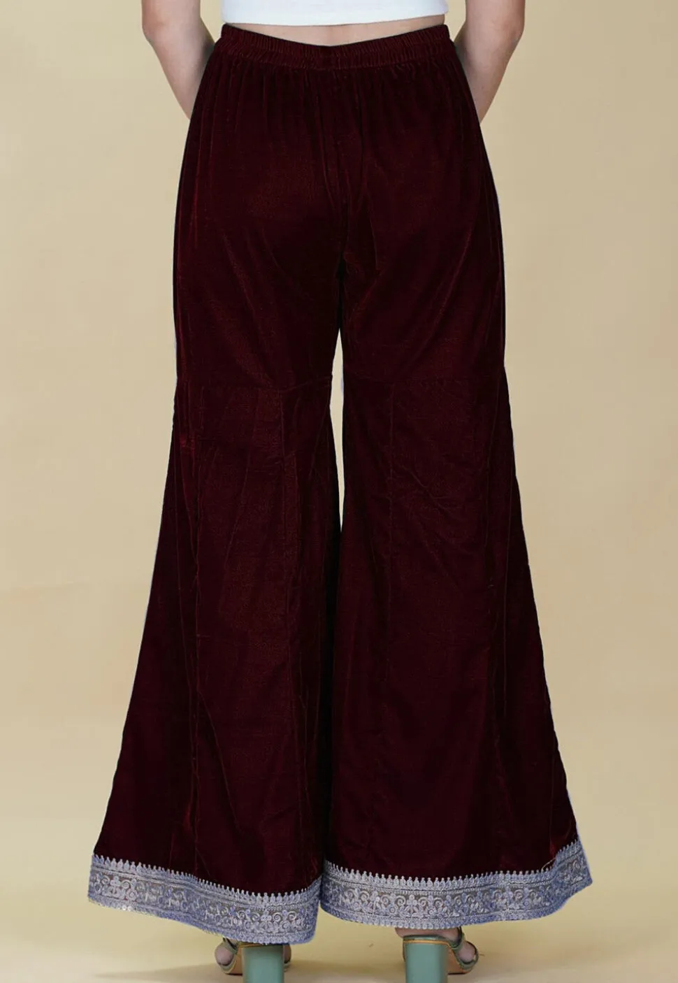 Embellished Velvet Palazzo in Maroon
