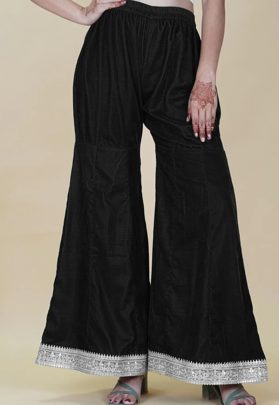 Embellished Velvet Palazzo in Black