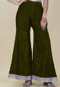 Embellished Velvet Palazzo in Olive Green