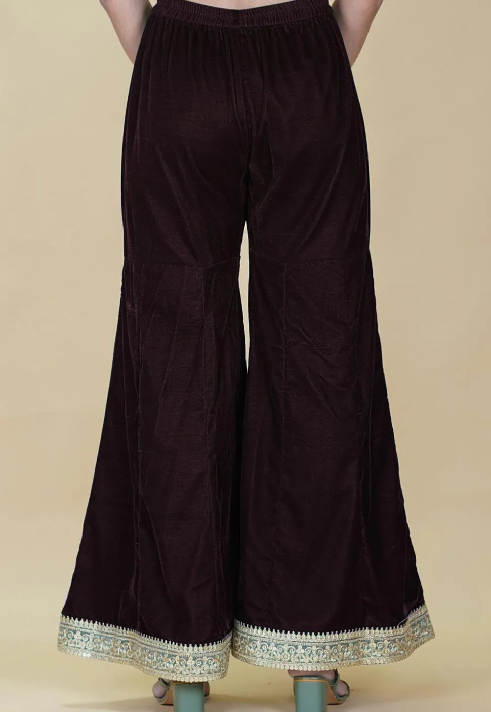 Embellished Velvet Palazzo in Dark Brown