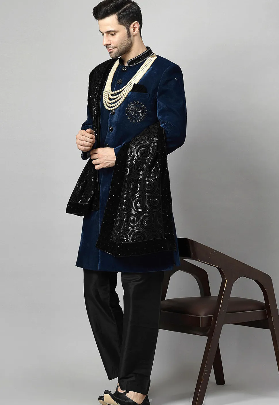 Embellished Velvet Sherwani in Teal Blue