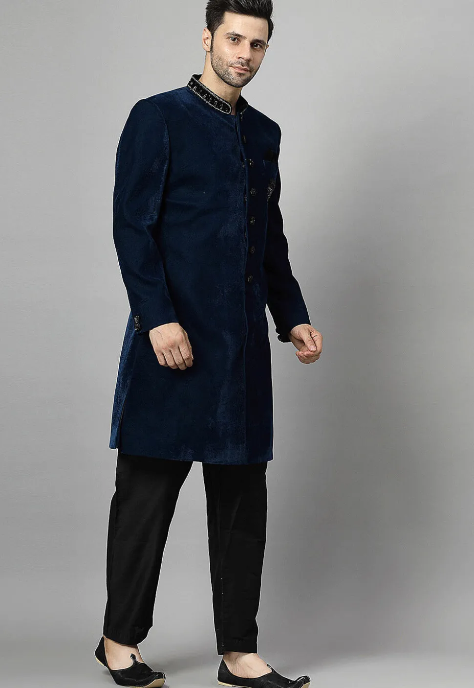 Embellished Velvet Sherwani in Teal Blue