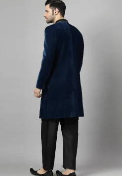 Embellished Velvet Sherwani in Teal Blue