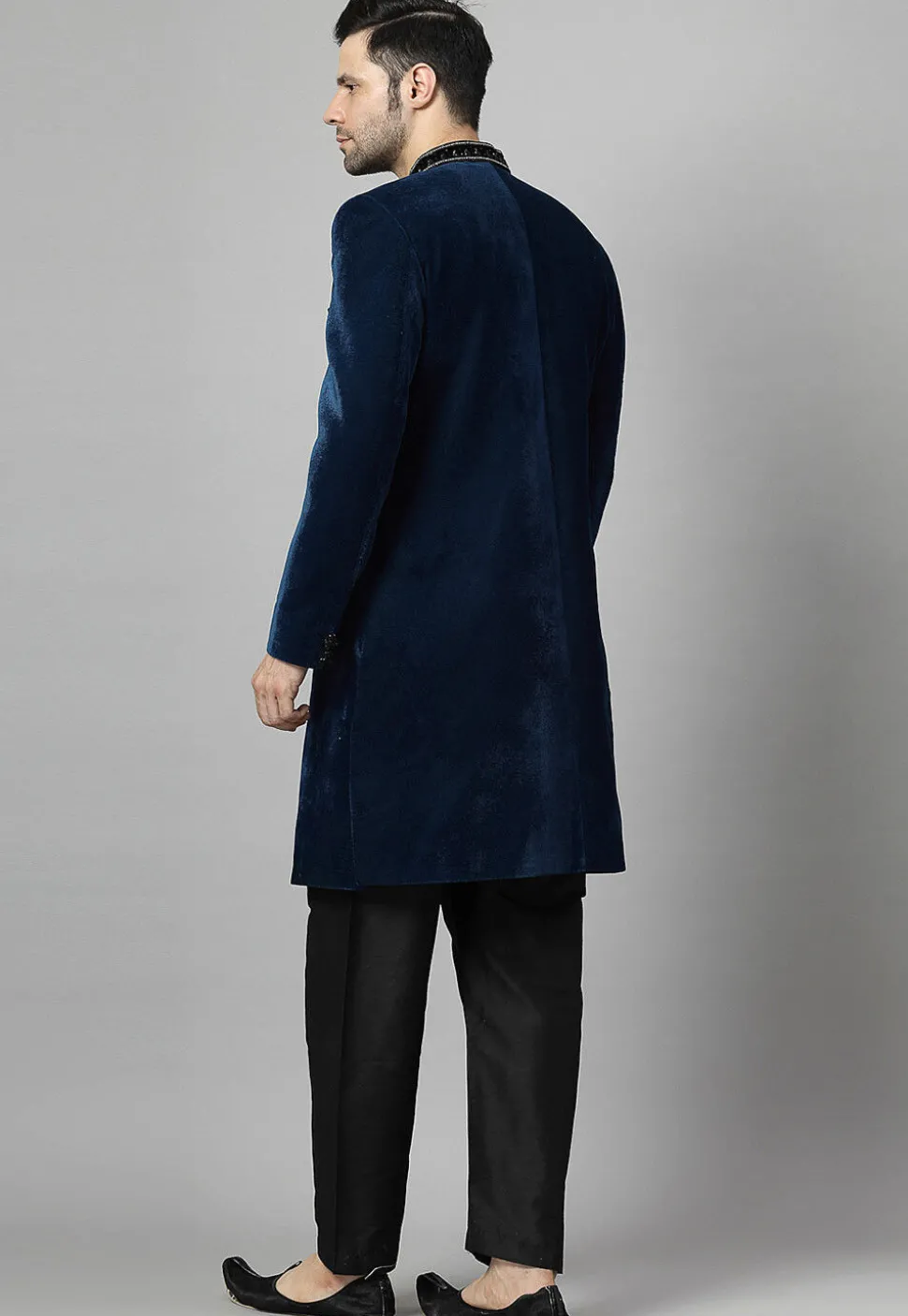 Embellished Velvet Sherwani in Teal Blue