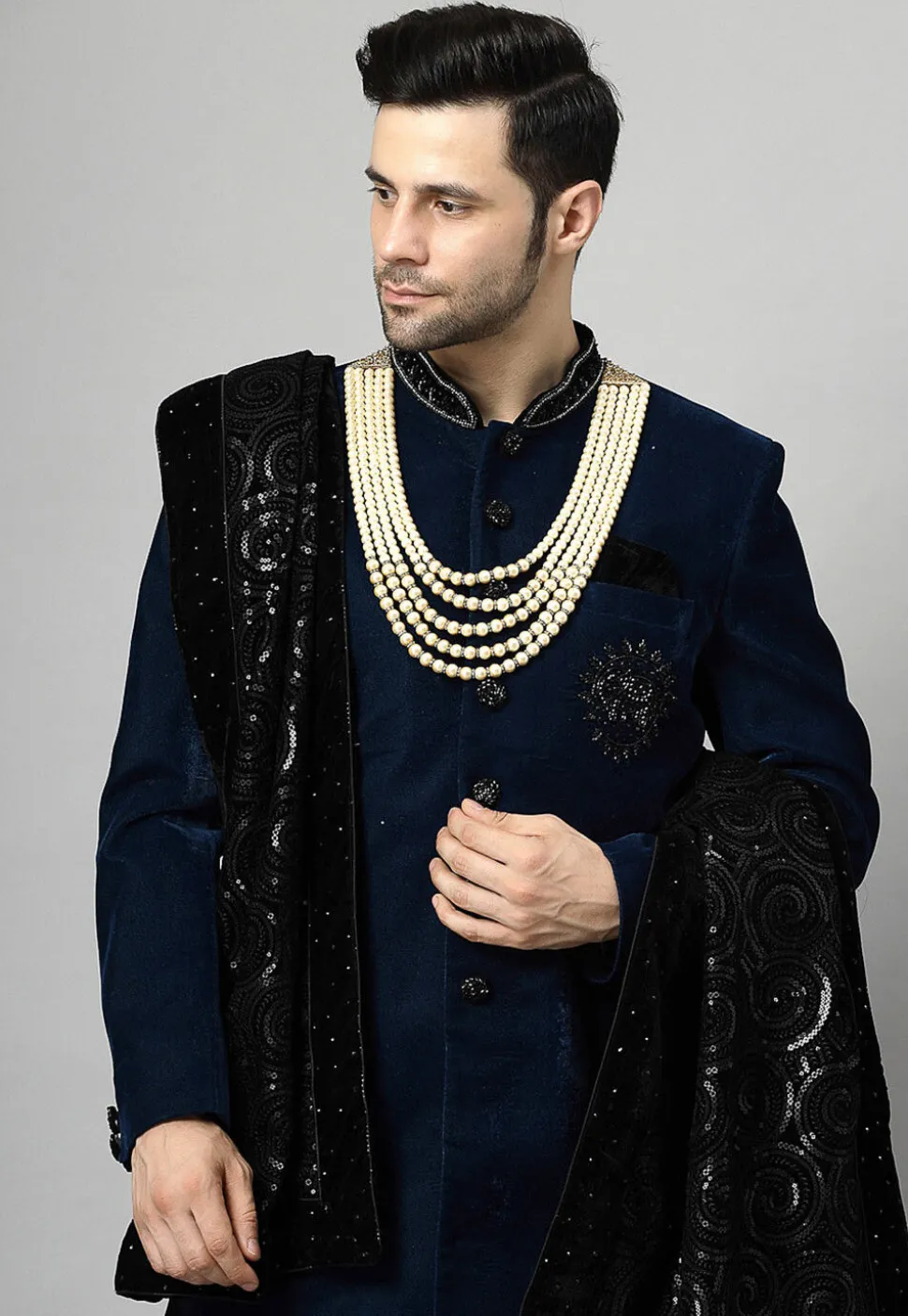 Embellished Velvet Sherwani in Teal Blue