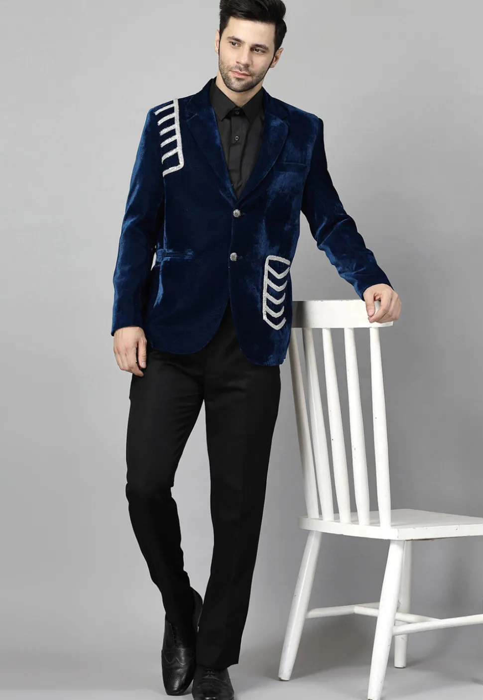 Embellished Velvet Suit Set in Teal Blue