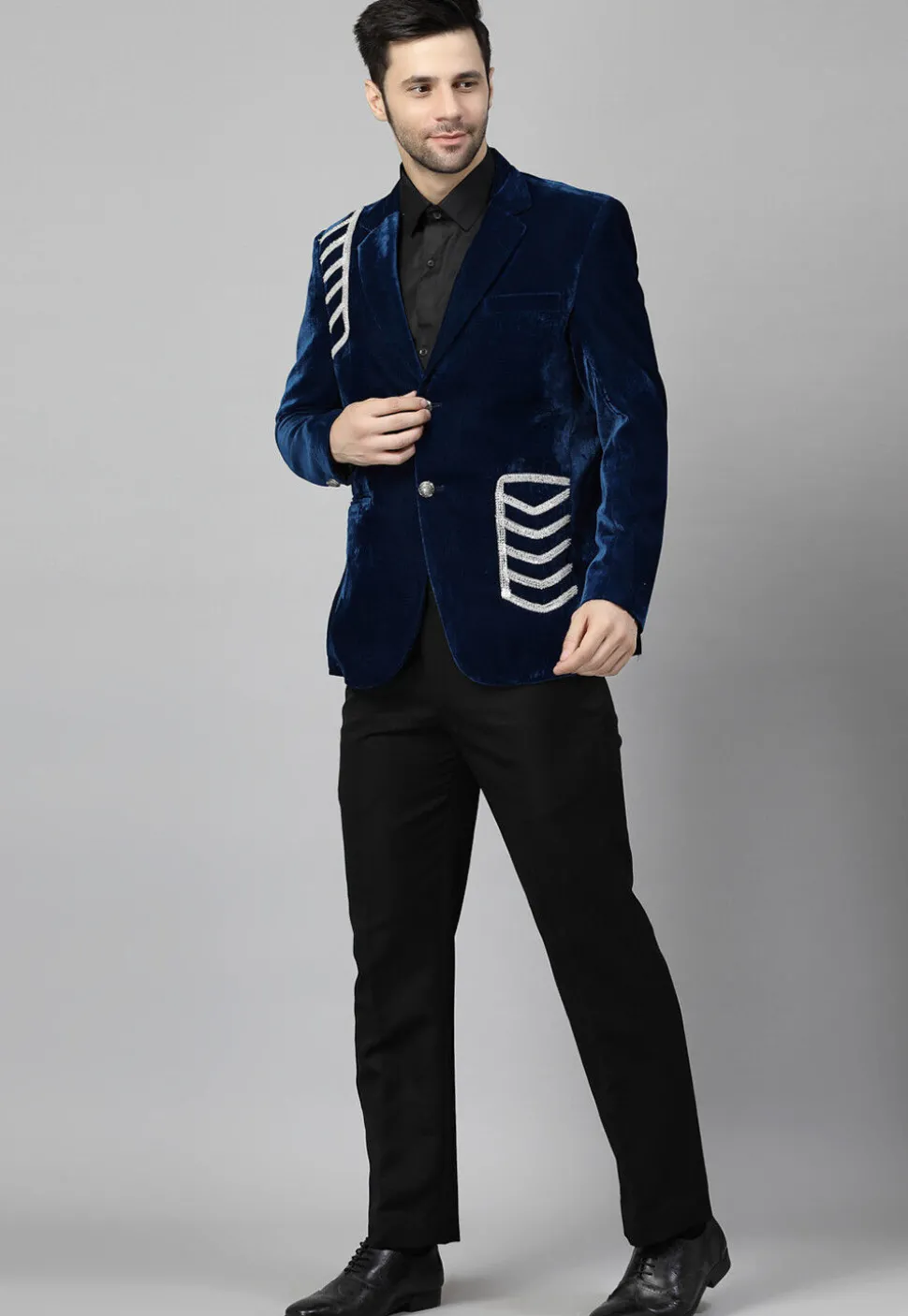 Embellished Velvet Suit Set in Teal Blue