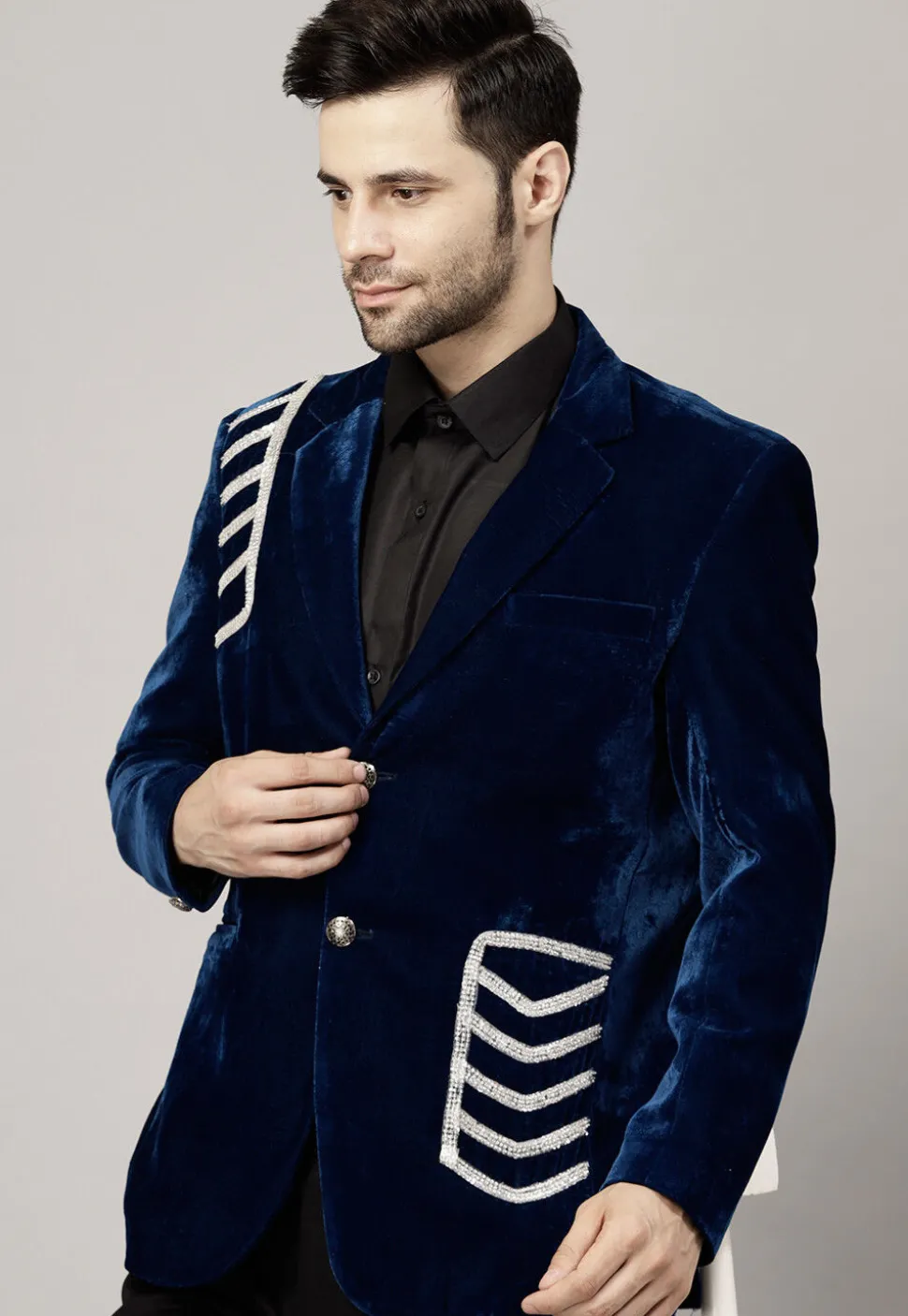 Embellished Velvet Suit Set in Teal Blue