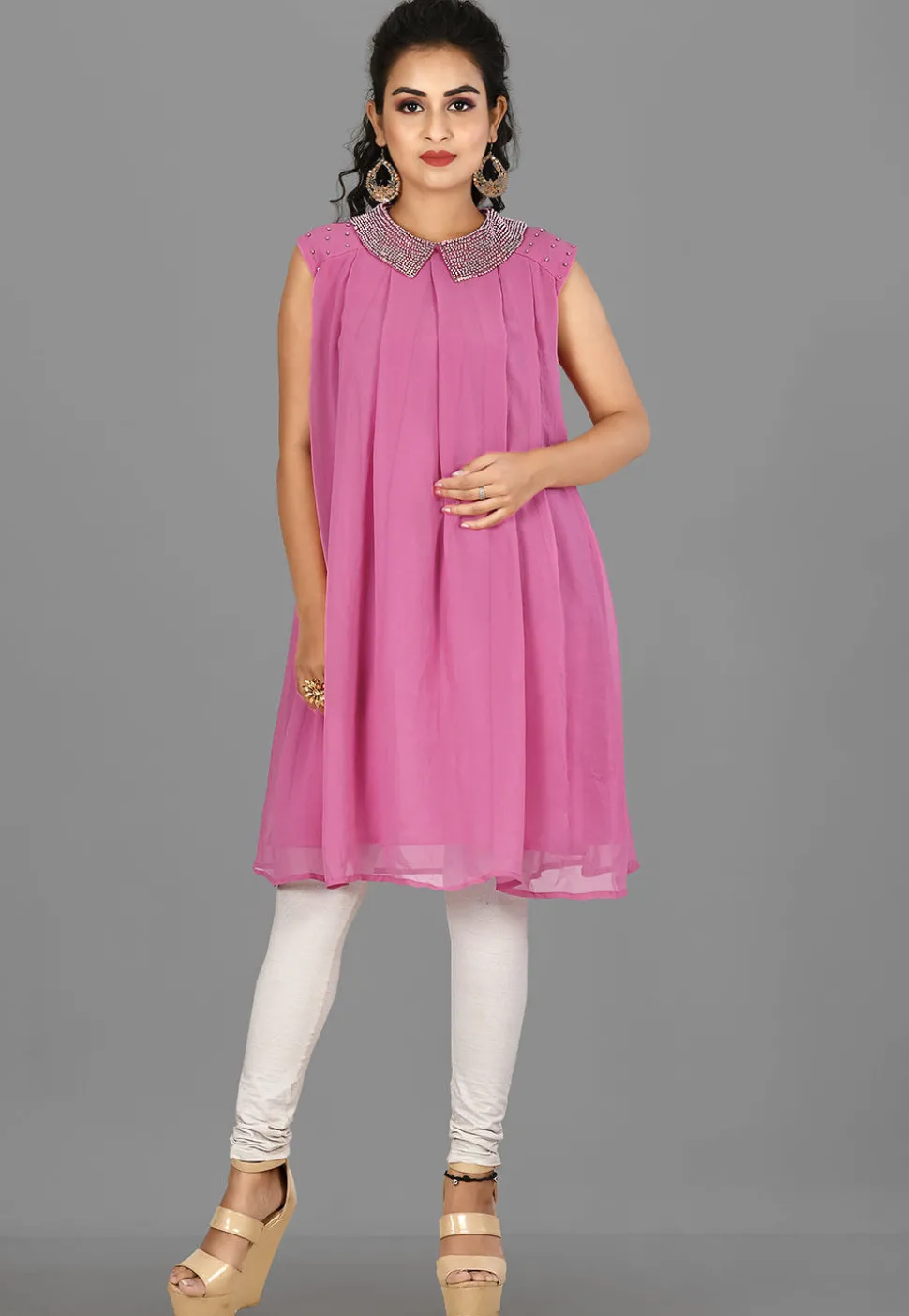 Embellished Viscose Georgette Tunic in Pink