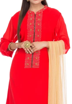 Embellished Viscose Georgette Straight Suit in Red